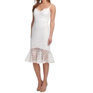 Guess White Lace Midi Dress Mermaid Hem V-Neck Womens 12 NWT